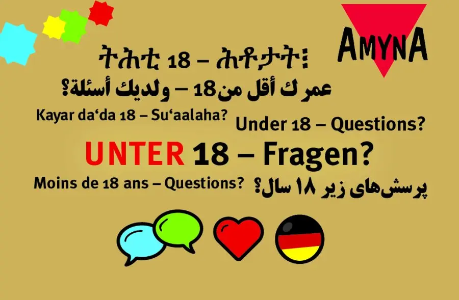 Karte mit der Frage "Unter 18, Fragen?" in vielen verschiedenen Sprachen
