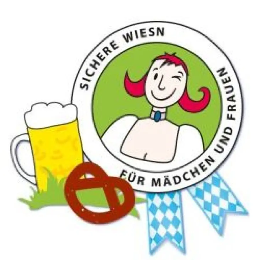 Sichere Wiesn Logo, mit einer Maß Bier, einer Brezel und einer lächelnden Frau